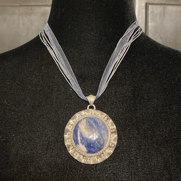 Source Unknown Jewelry - Vintage Silver pendant with blue & white stone necklace with bag